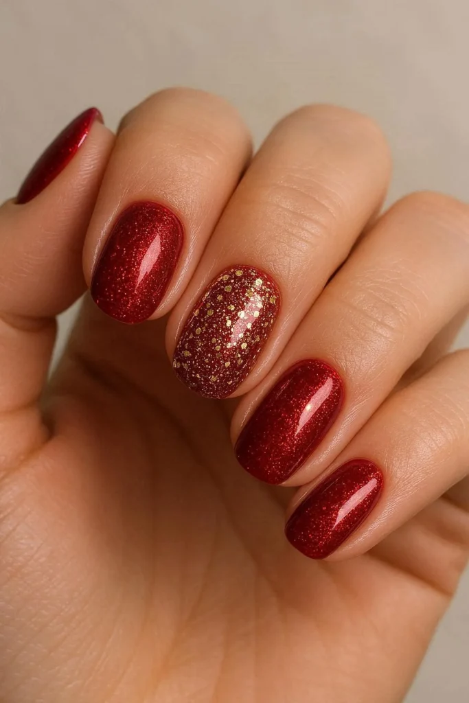 Deep Red with Contrasting Gold Glitter Accent Deep Red with Contrasting Gold Glitter Accent β Red and Gold Christmas Nails 2026