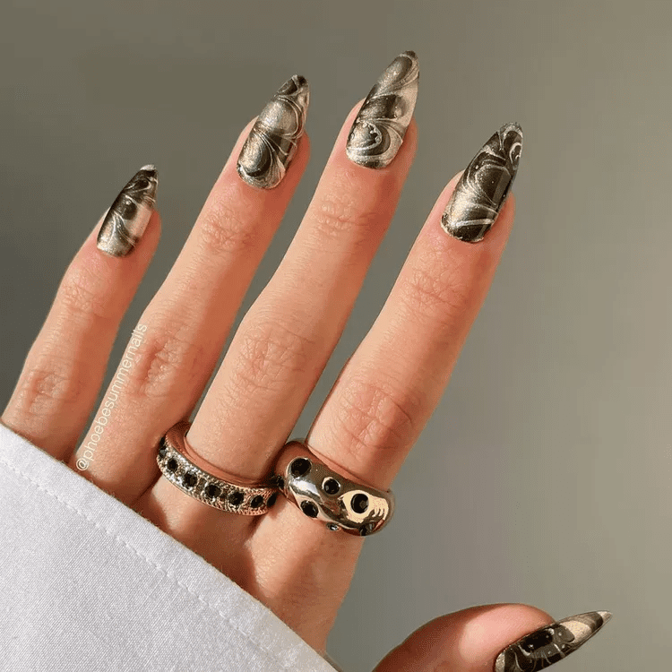Metallic Silver Black Swirl Stilettos — Fall to Winter Nails