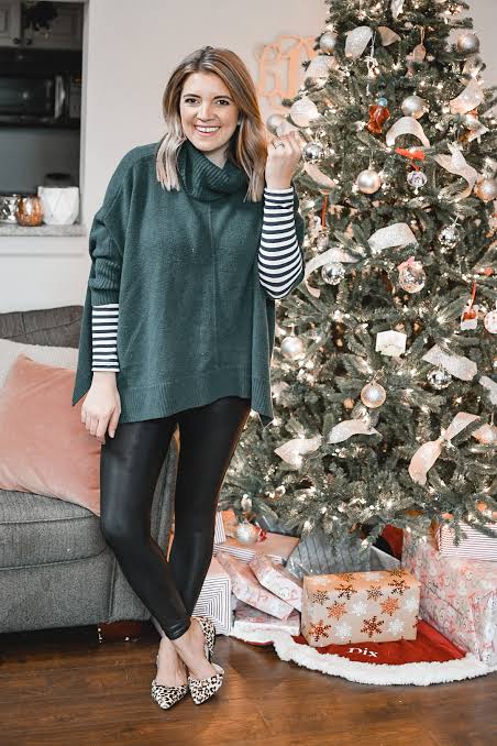 Holiday Cheer: Black Faux Leather Leggings with Green Poncho and Leopard Flats Holiday Cheer: Black Faux Leather Leggings with Green Poncho and Leopard Flats β Winter Outfits with Leggings