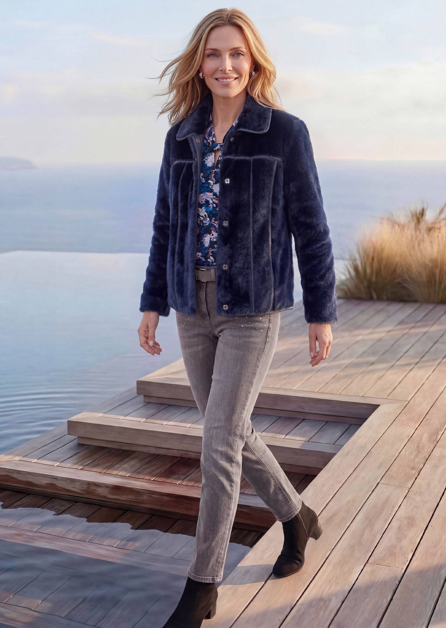 Cozy Navy Faux Fur Jacket for Casual Days Cozy Navy Faux Fur Jacket for Casual Days β Winter Outfits for Women Over 50