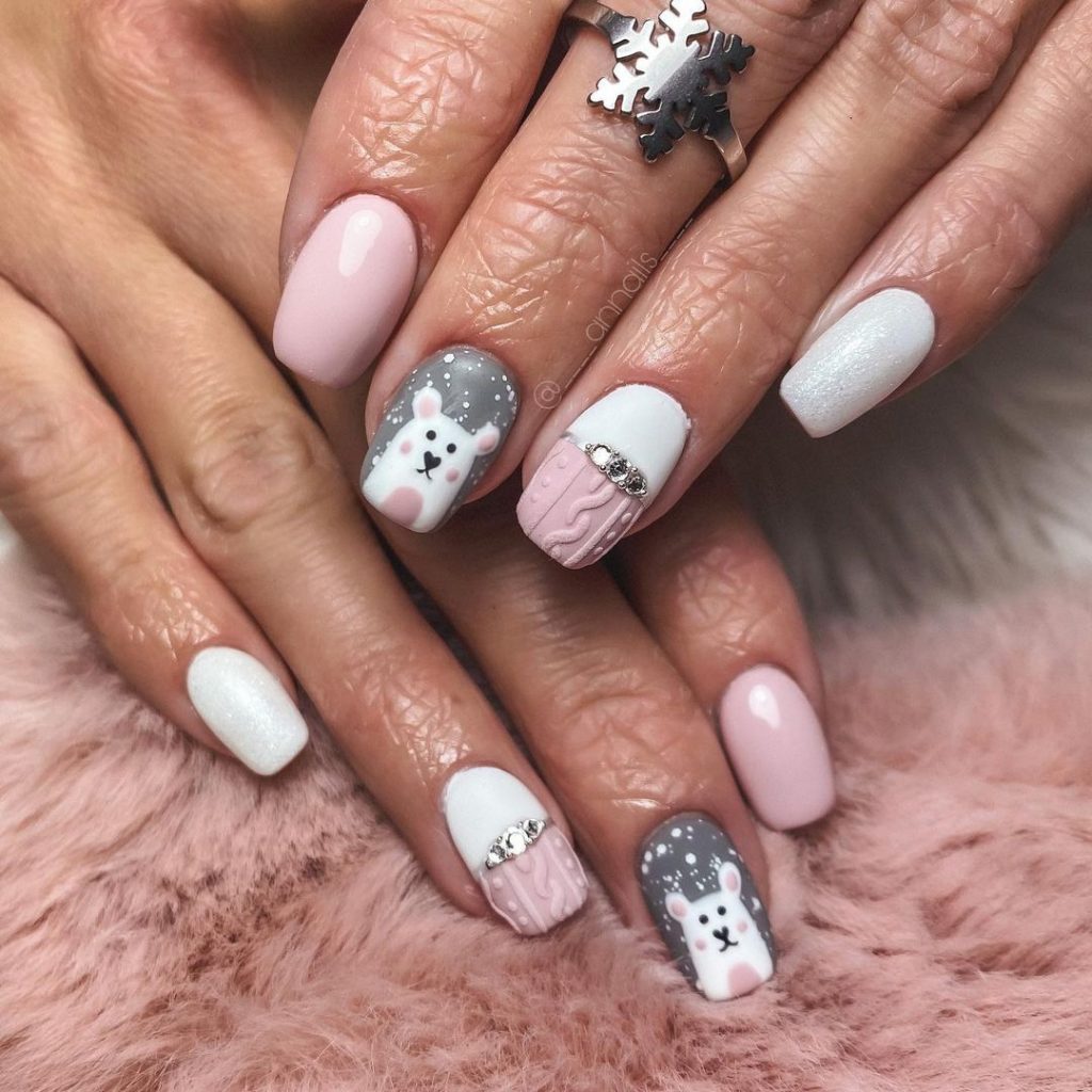 3D Polar Bears and Cable Knit Texture — Cute Winter Nails