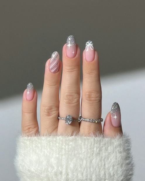 Medium Almond Pink Glitter Tips with Stars Medium Almond Pink Glitter Tips with Stars β Sparkly Winter Nails