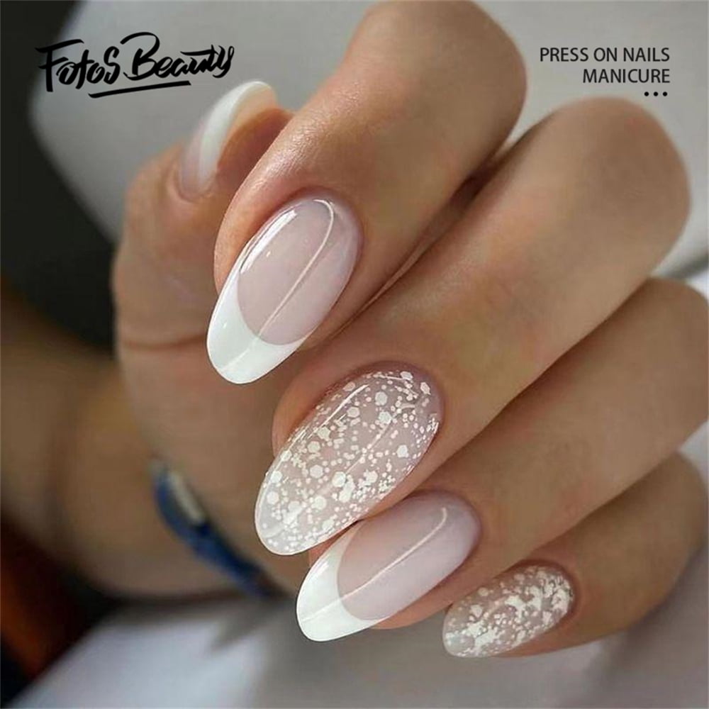 White Lace Pattern French Almond Nails White Lace Pattern French Almond Nails β Medium Winter Almond Nails