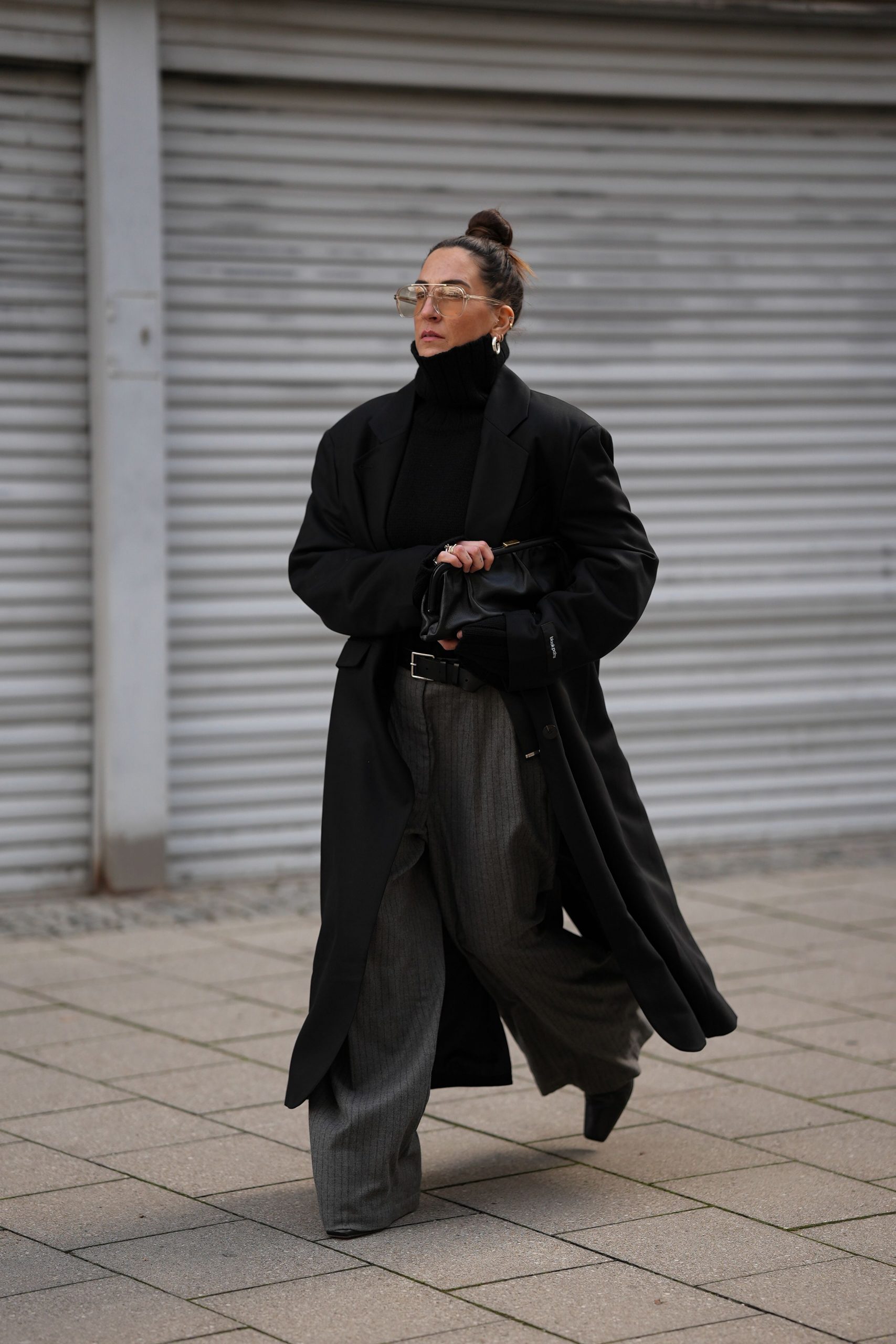 Oversized Black Coat with Pinstripe Trousers Oversized Black Coat with Pinstripe Trousers β Winter Business Casual Outfits