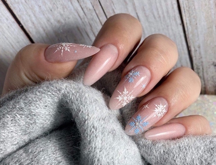 Matte And Subtle Shimmer Pale Pink Nude with White Snowflake Art Matte And Subtle Shimmer Pale Pink Nude with White Snowflake Art β Winter Pink Nails