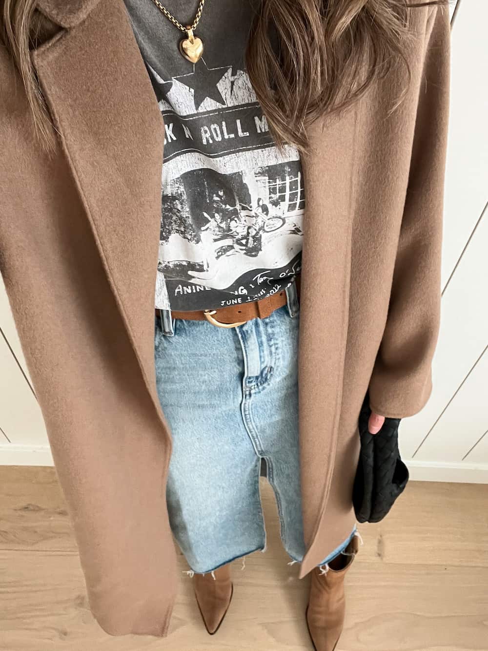 Longline Camel Coat Over Band Tee and Denim Skirt Longline Camel Coat Over Band Tee and Denim Skirt β Nashville Winter Outfits