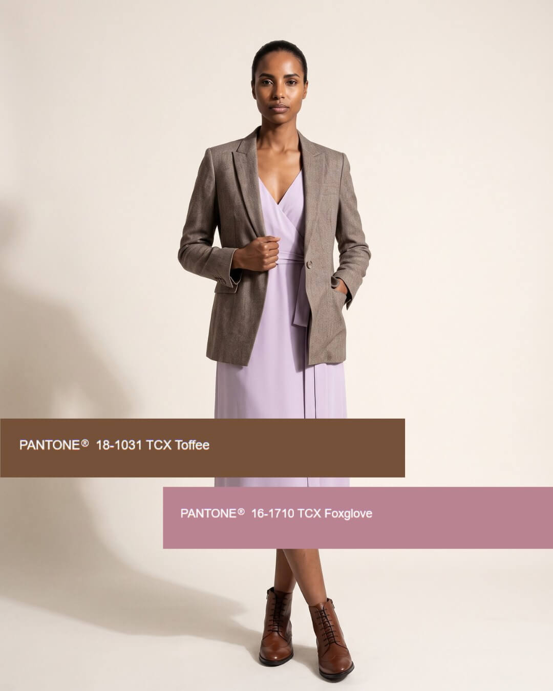 Lavender Wrap Dress with a Textured Brown Blazer — February Outfits
