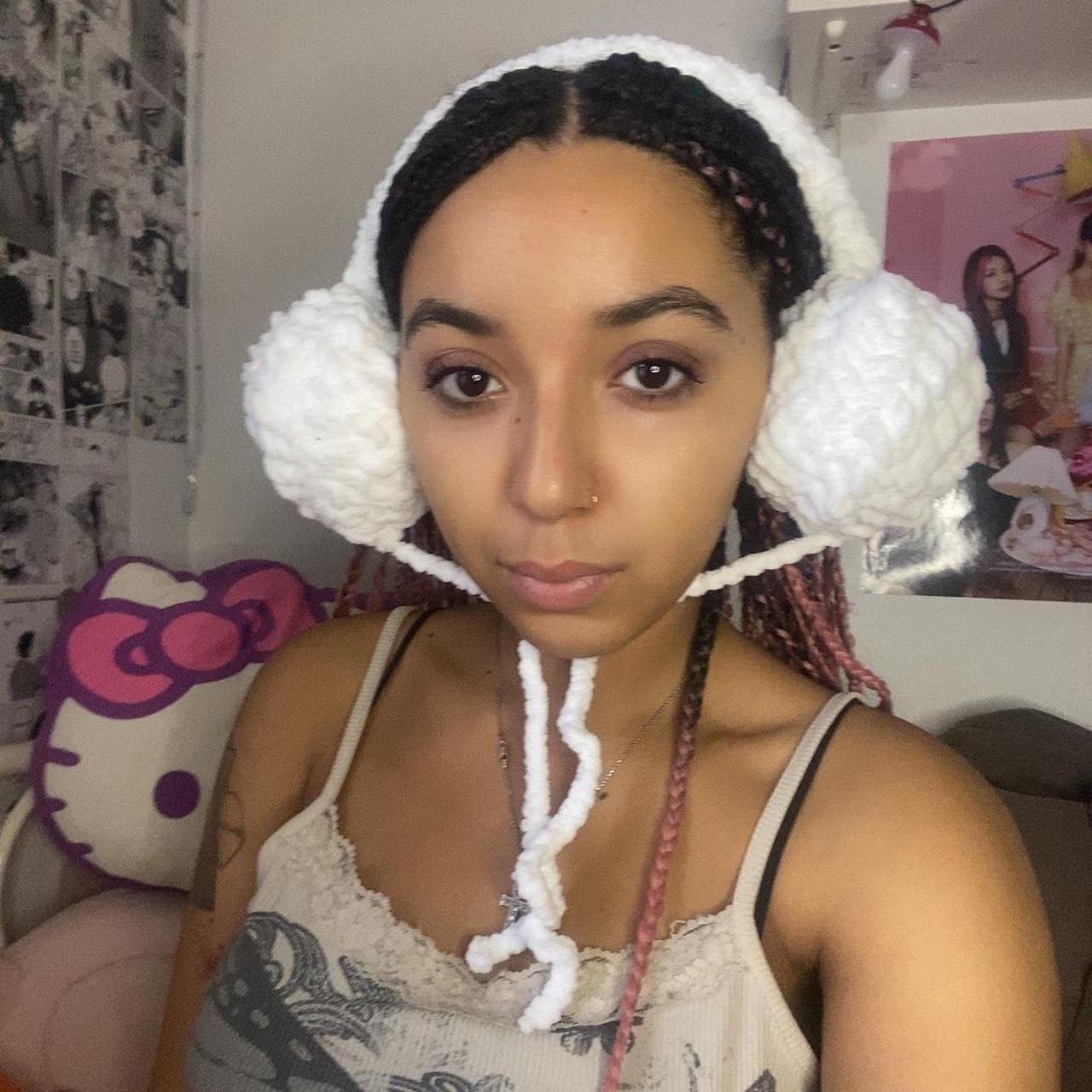 White Crochet Earmuffs with Yarn Pom-Poms and Lace Camisole White Crochet Earmuffs with Yarn Pom-Poms and Lace Camisole β Earmuffs Outfits