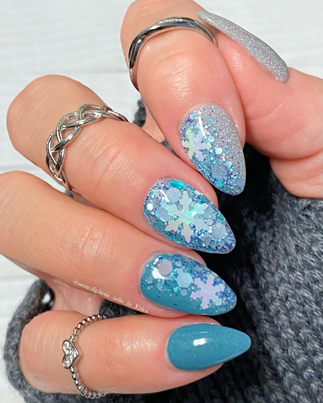 Bold Teal Glitter Snowflake Nails — Winter Nail Art