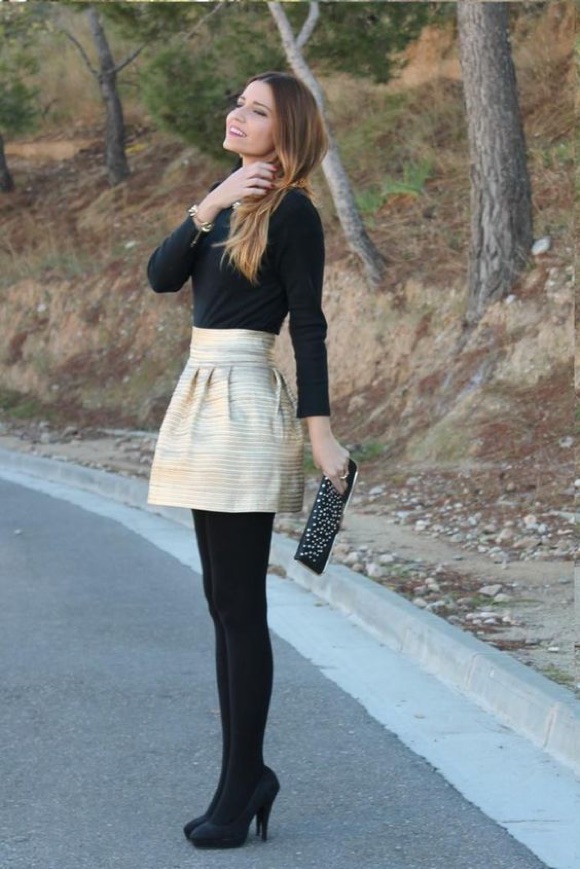 Metallic Striped Mini Skirt with Platform Heels Metallic Striped Mini Skirt with Platform Heels β Winter Skirt Outfits
