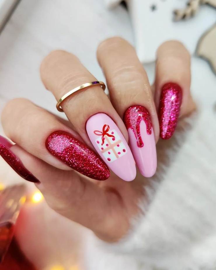 Glittery Red Drip Effect on Pink Base — Winter Red Nails