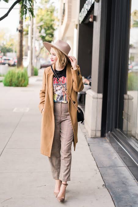 Camel Coat with Graphic T-Shirt and Plaid Trousers — Neutral Winter Outfits