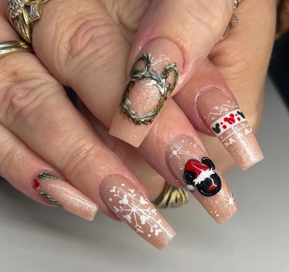 Glossy With Glitter Mickey Santa Hat Coffin Nails Glossy With Glitter Mickey Santa Hat Coffin Nails β Disney Christmas Nails 2026