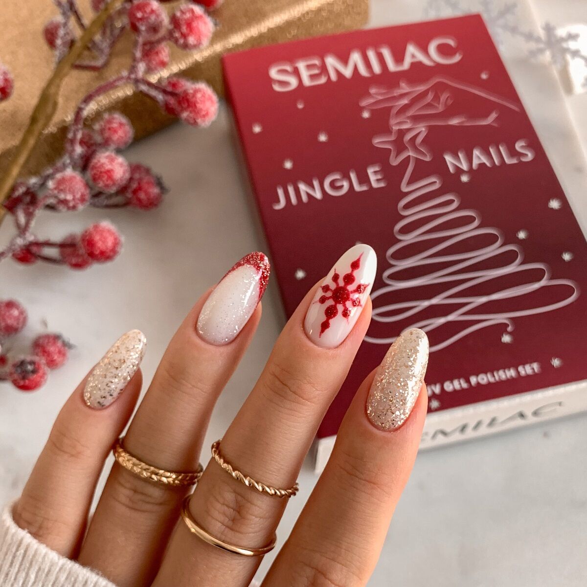 White Oval Nails with Red Snowflake and Gold Glitter White Oval Nails with Red Snowflake and Gold Glitter β Subtle Christmas Nails 2026