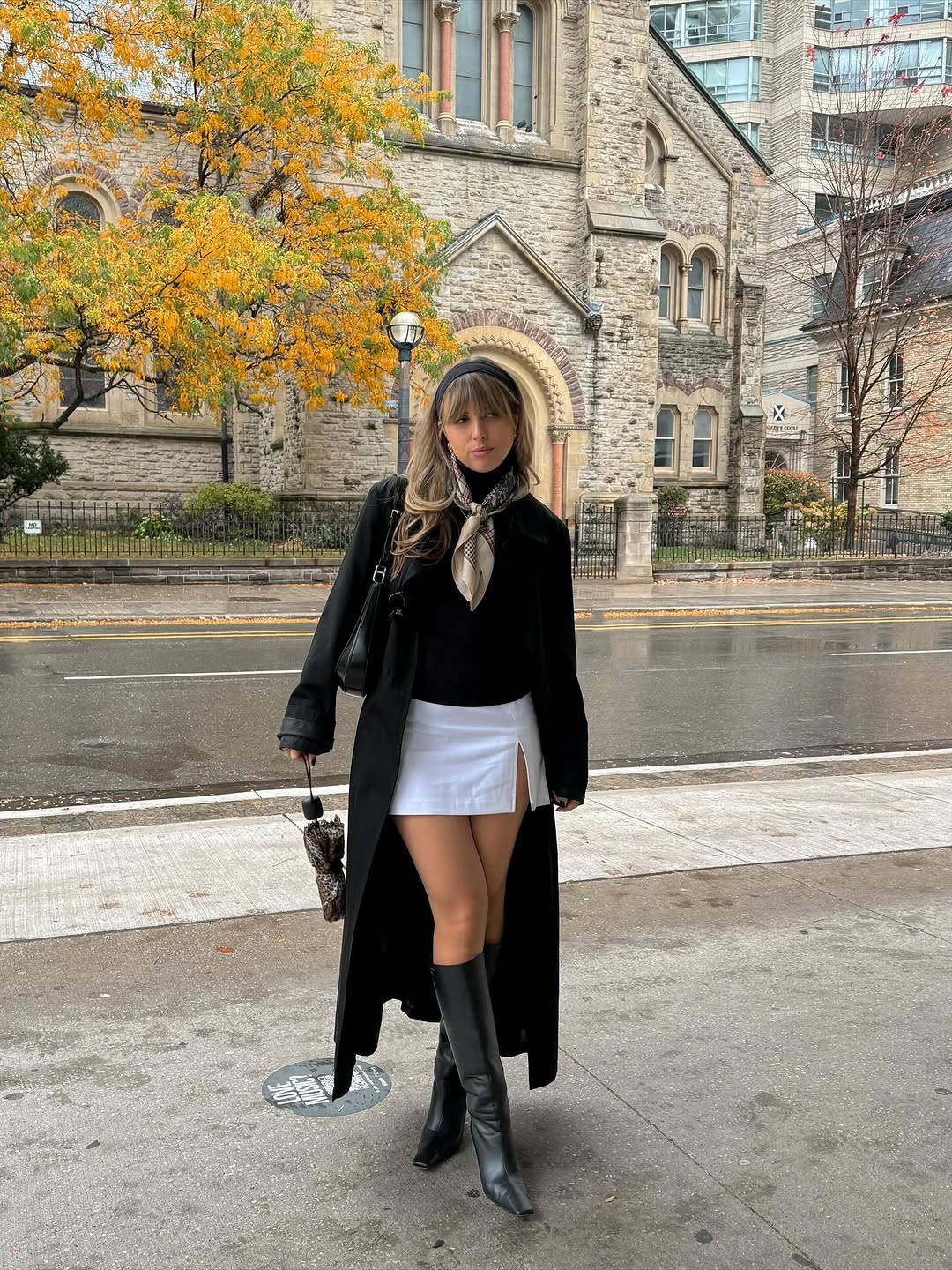 Black Turtleneck Under Trench Coat with Mini Skort Black Turtleneck Under Trench Coat with Mini Skort β Turtleneck Outfits