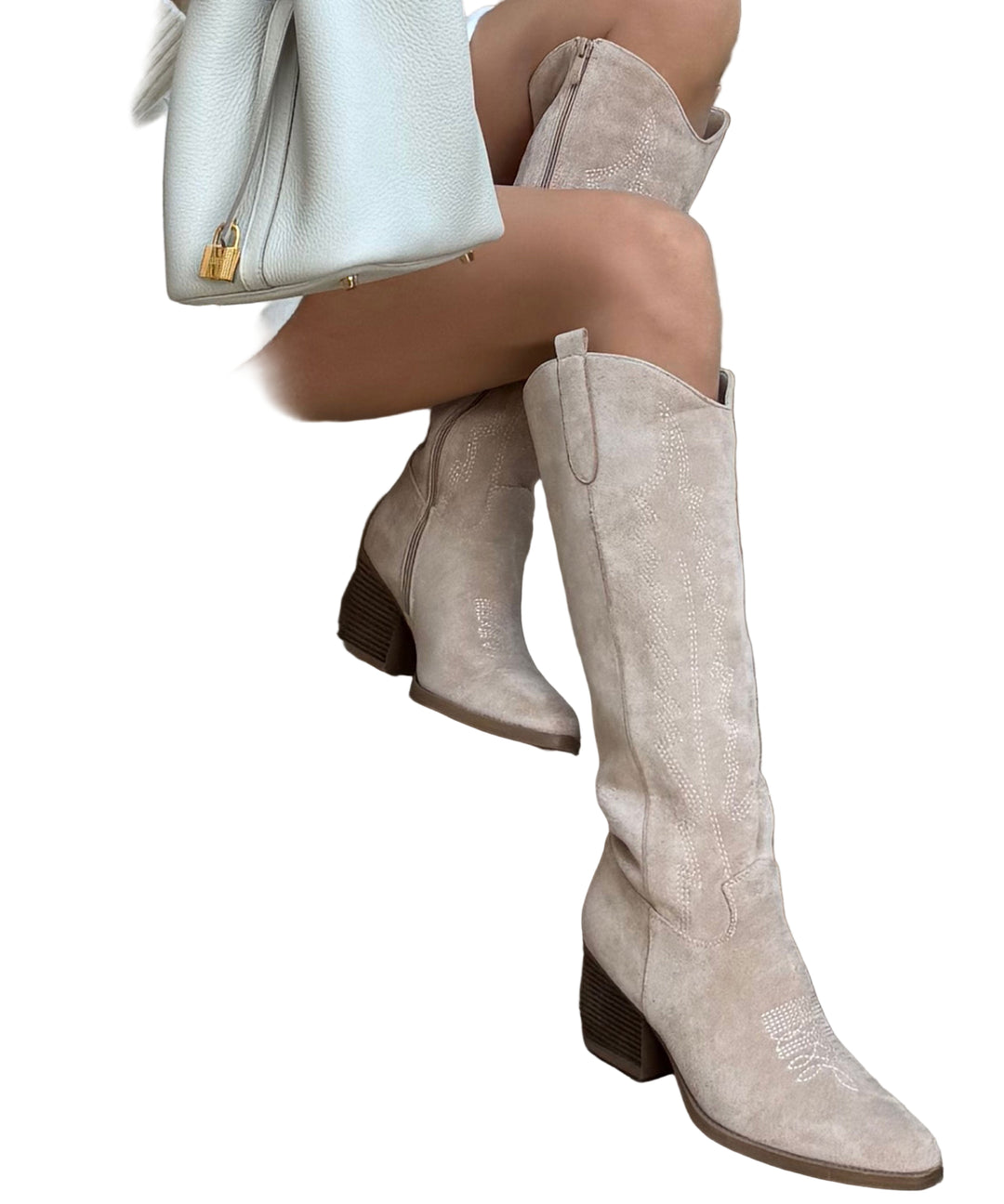 Embossed Suede Cowboy Boots with White Mini Skirt — Knee High Boots Outfits