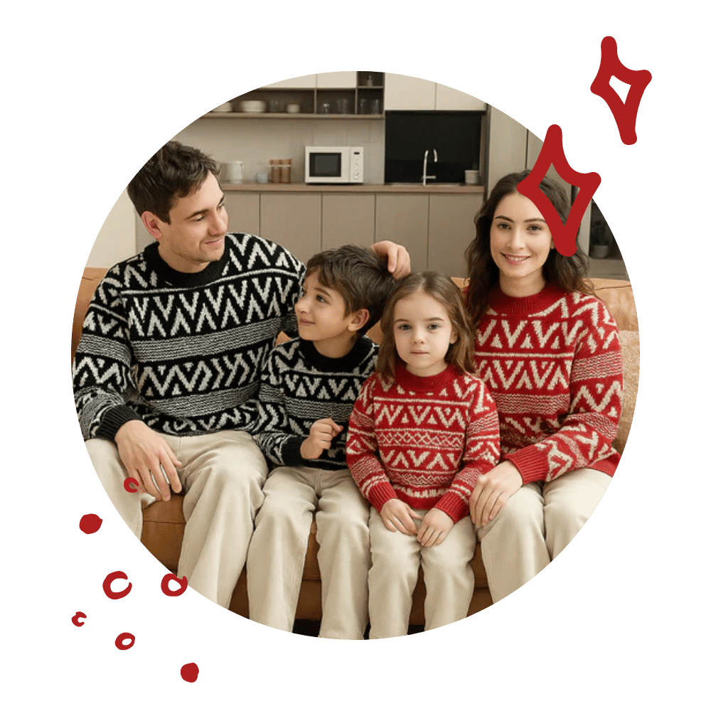 Matching Geometric Knit Sweaters: Black, White, and Red for a Cozy Family Portrait Matching Geometric Knit Sweaters: Black, White, and Red for a Cozy Family Portrait β Winter Family Photo Outfits