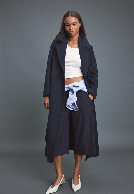Navy Wool Coat with White Crop Top and Tied Shirt — Wool Coat Outfits