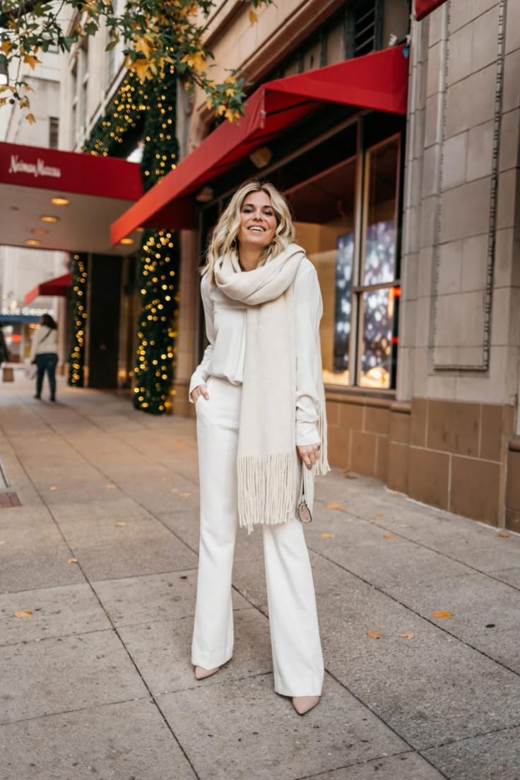 Cream Knit Set with Oversized Fringed Scarf — Winter White Outfits