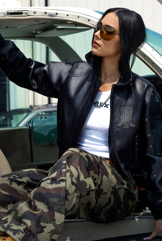 Bold Streetwear with a Studded Leather Bomber and Camo Pants — Winter Streetwear Outfits