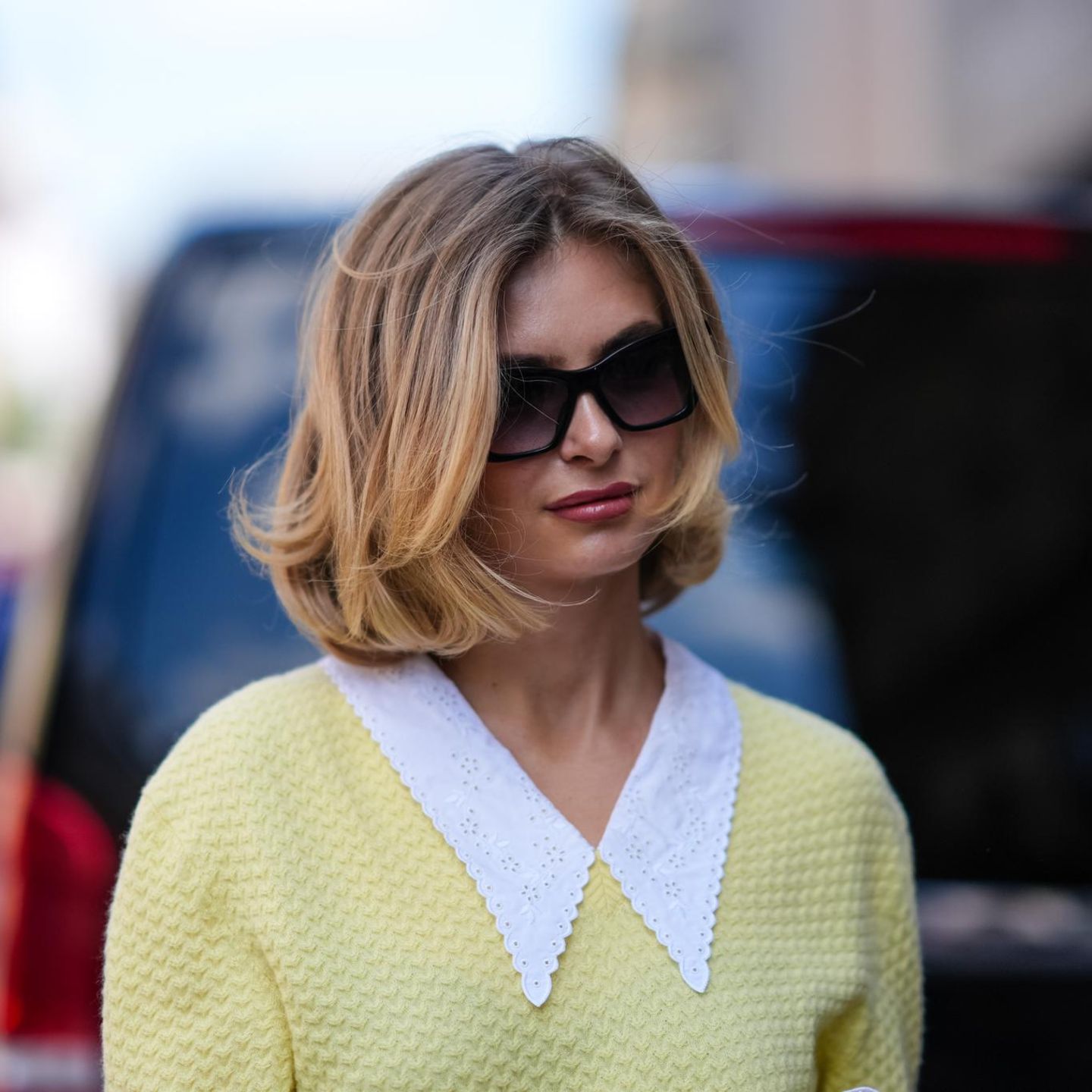 Front View Chin Length Blonde Bob — Winter Haircuts with Curtain Bangs
