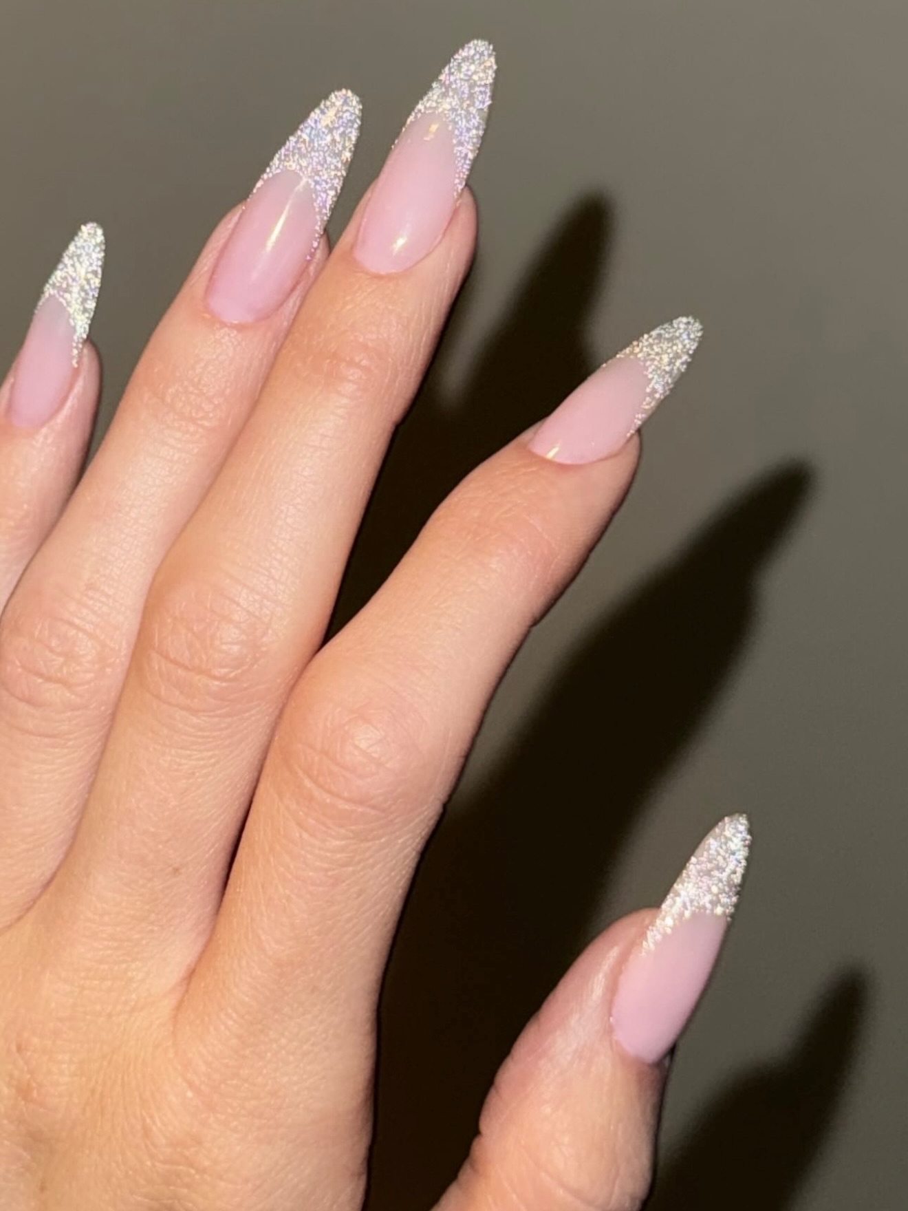 Sparkling Glitter French Long Almond Sparkling Glitter French Long Almond β Winter Wedding Nails