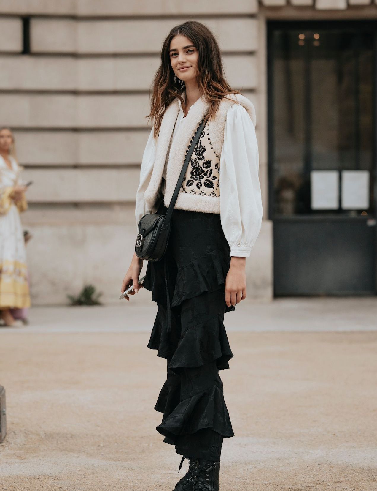 Embroidered Vest with Puff-Sleeve Blouse and Ruffled Pants — Boho Winter Outfits