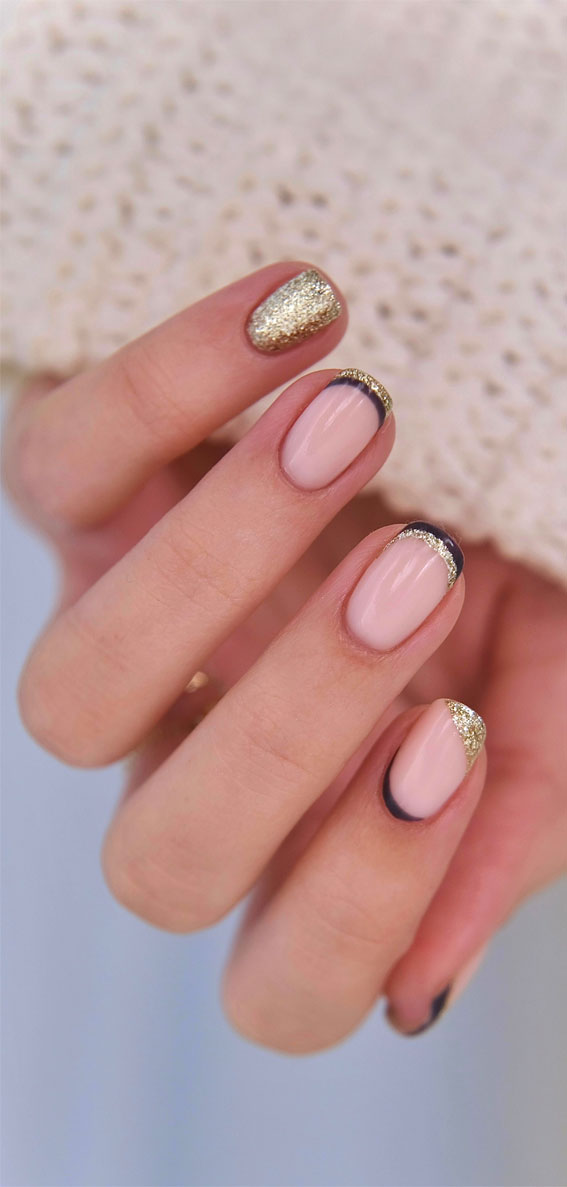 Short Square Navy French with Gold Glitter — Minimalist New Years Nails 2027