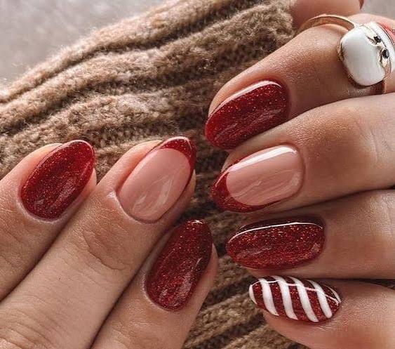 Red Glitter French with White Stripes Red Glitter French with White Stripes β Christmas Nail Colors 2026