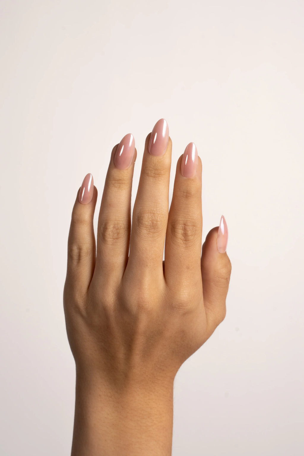 Pale Pink Glossy Subtle Shimmer Medium Almond — Winter Champagne Nails
