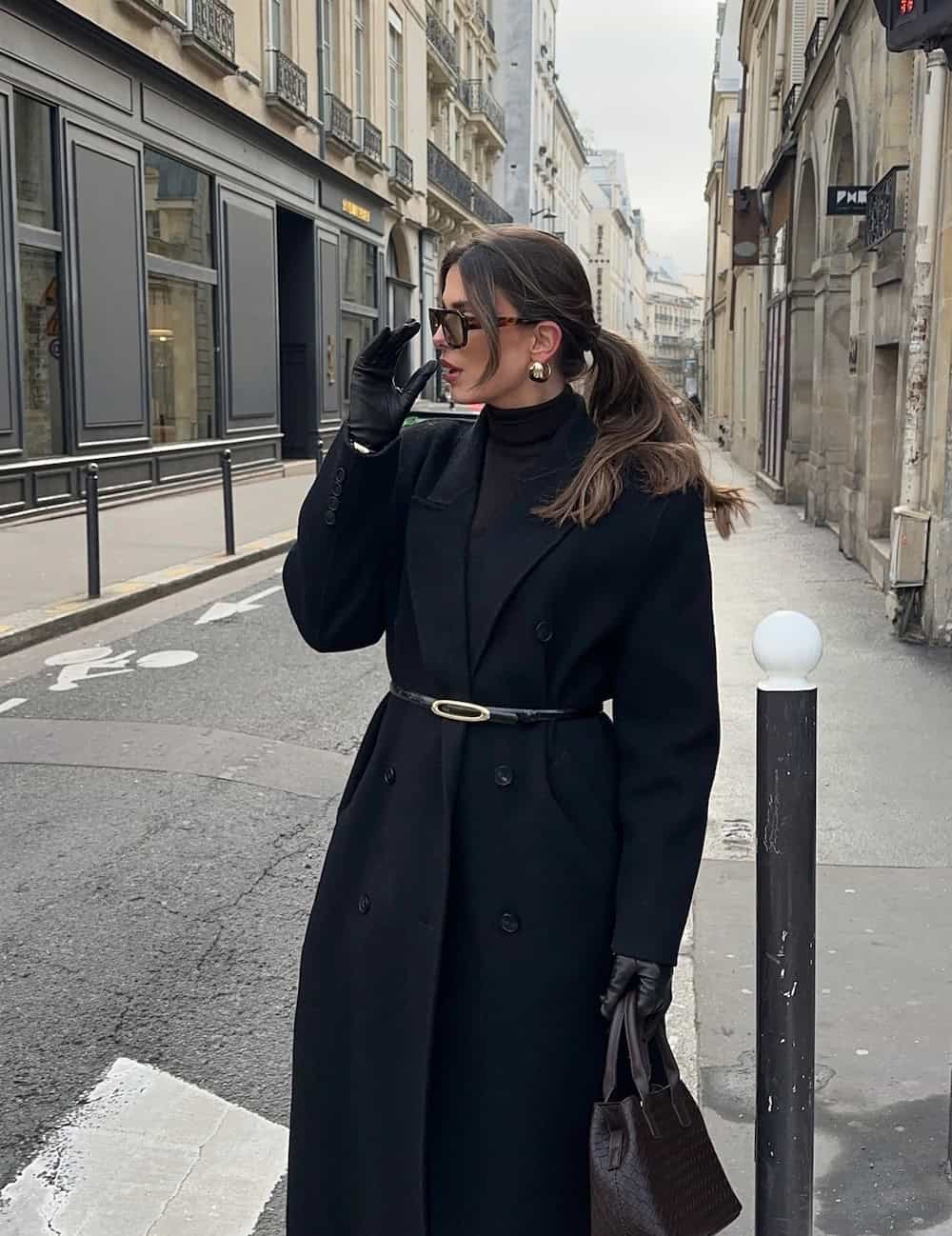 Belted Wool Coat Over a Turtleneck for Chic City Sophistication — All Black Winter Outfits