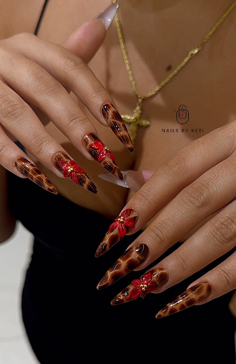Tortoiseshell 3D Floral Stiletto Nails Tortoiseshell 3D Floral Stiletto Nails β Winter Stiletto Nails