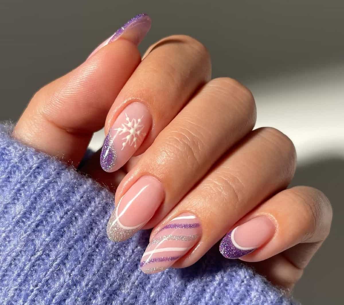 Pale Pink with Snowflake and Glitter Tips Pale Pink with Snowflake and Glitter Tips β Christmas Almond Nails 2026