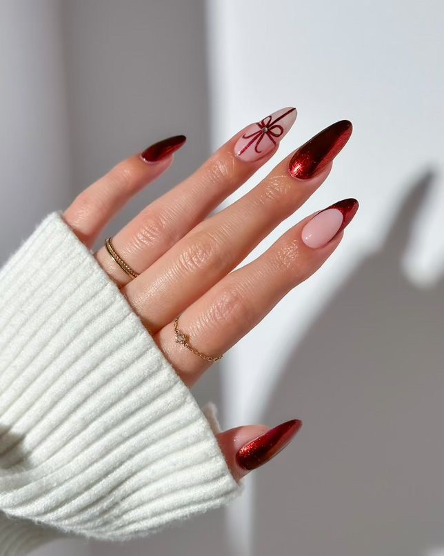Metallic Red with Nude Bow Nails Metallic Red with Nude Bow Nails β Medium Christmas Nails 2026