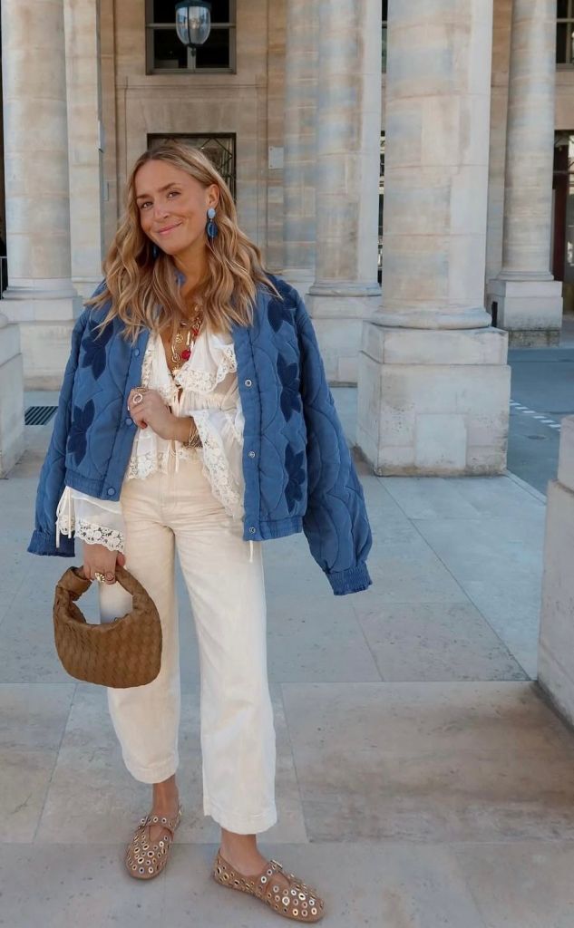 Blue Quilted Jacket with Lace Blouse and Cream Trousers Blue Quilted Jacket with Lace Blouse and Cream Trousers β Winter to Spring Transition Outfits