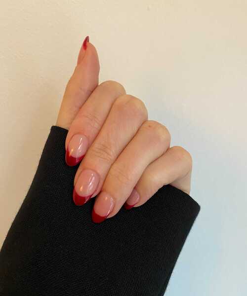 Sheer Pink Base with Bold Red French Tip — Red Christmas Nails 2026