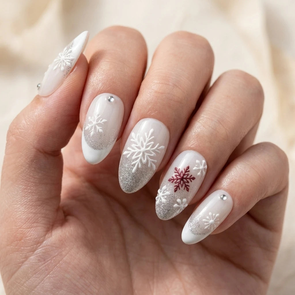 3D Snowflake Matte Glitter French Tips 3D Snowflake Matte Glitter French Tips β Winter French Tip Nails