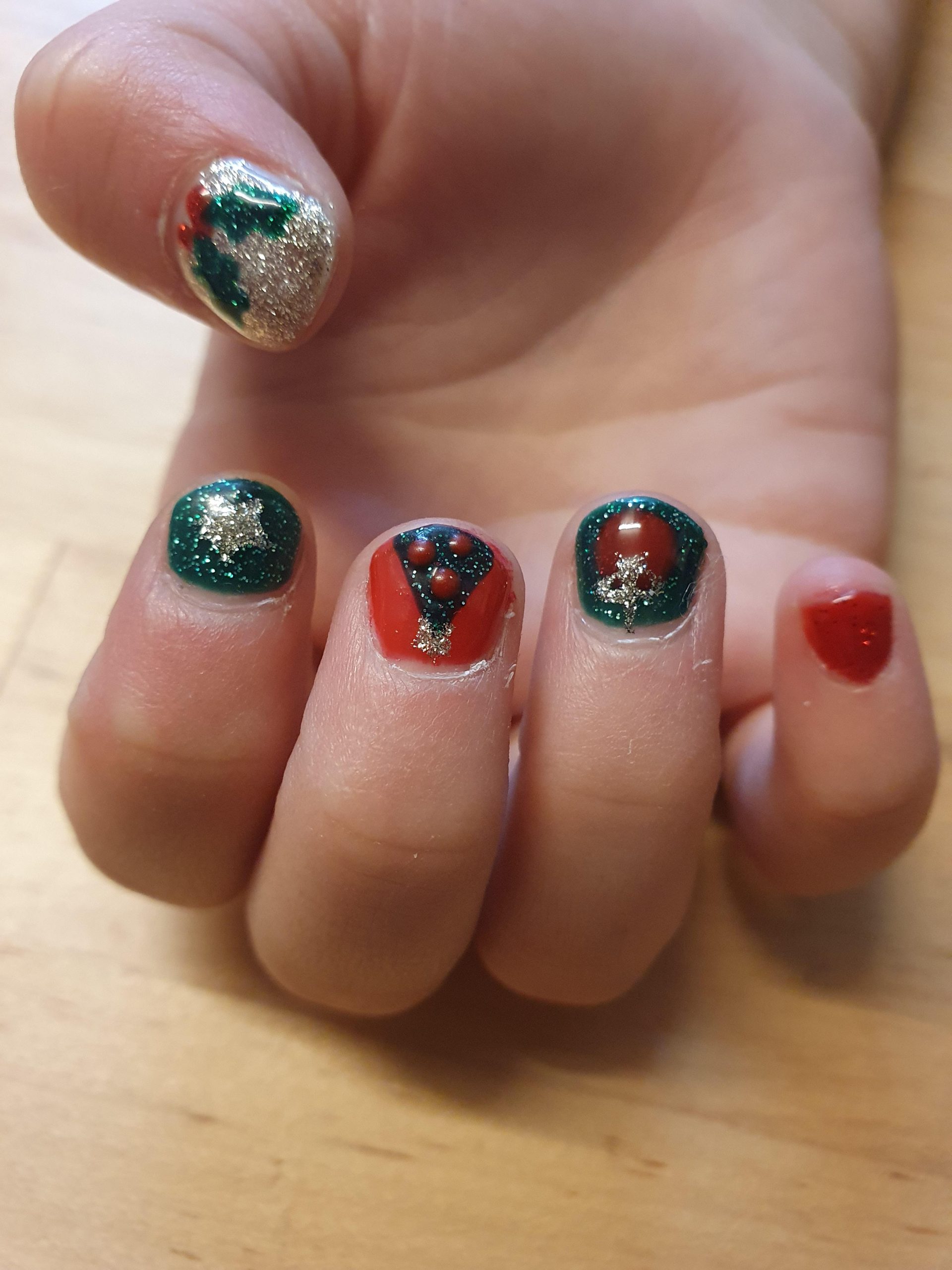 Green, Red, and Silver Snowflake Holly Nails — Christmas Nails for Kids 2026