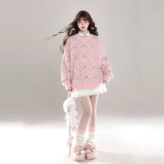 Cute & Cozy: Pink Floral Sweater with Tights Cute & Cozy: Pink Floral Sweater with Tights β Korean Winter Outfits