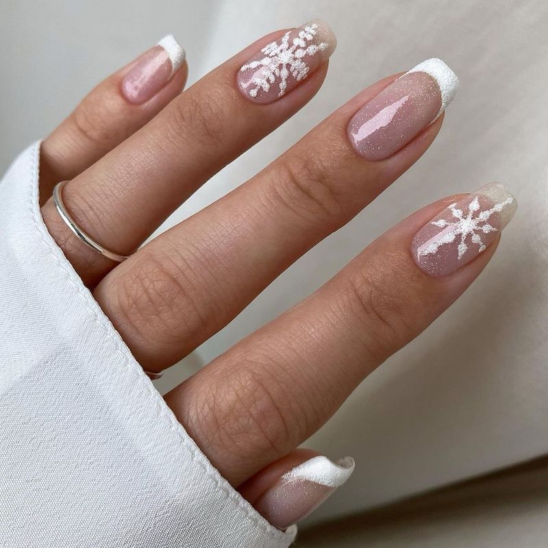Elegant Square French with Snowflakes — Cute Winter Nails