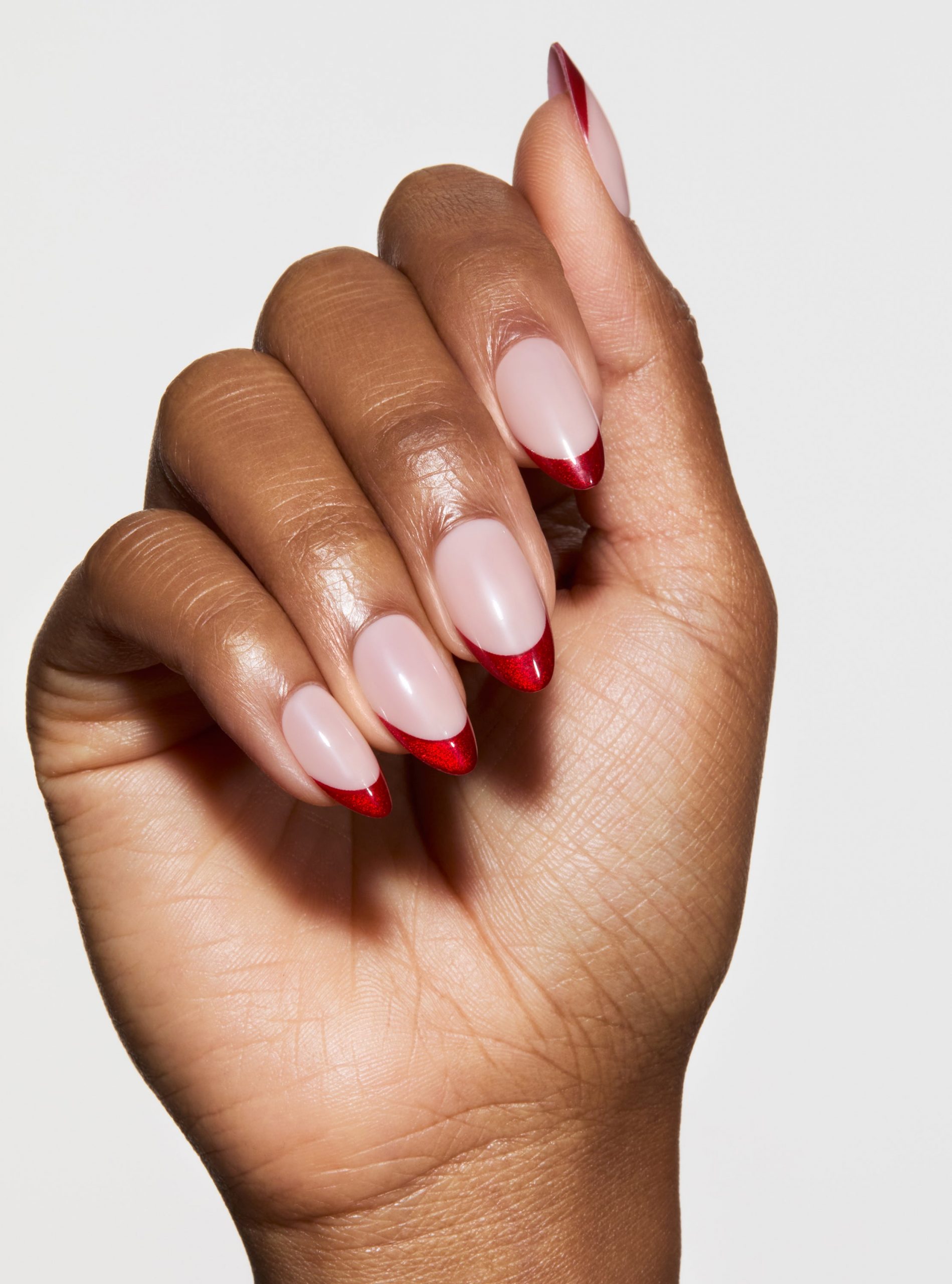 Festive Red Glitter French Tip Almond Nails — Short Winter Nails