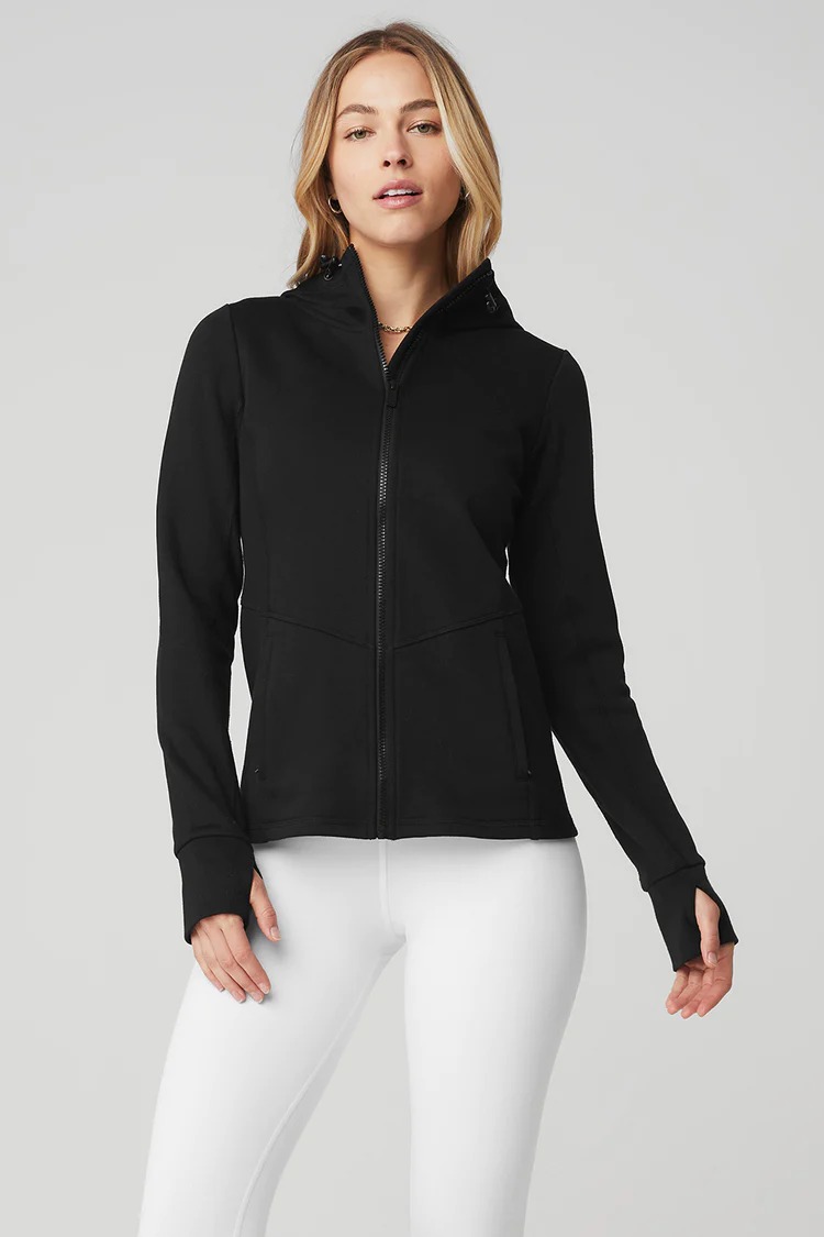 Black Zip-Up Jacket with White Leggings — Winter Workout Outfits