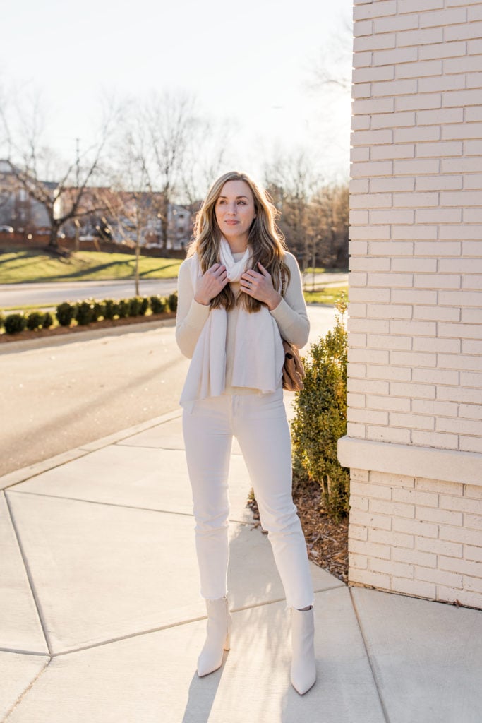 White Straight-Leg Jeans with Cream Sweater and Scarf White Straight-Leg Jeans with Cream Sweater and Scarf β Winter Outfits with Jeans