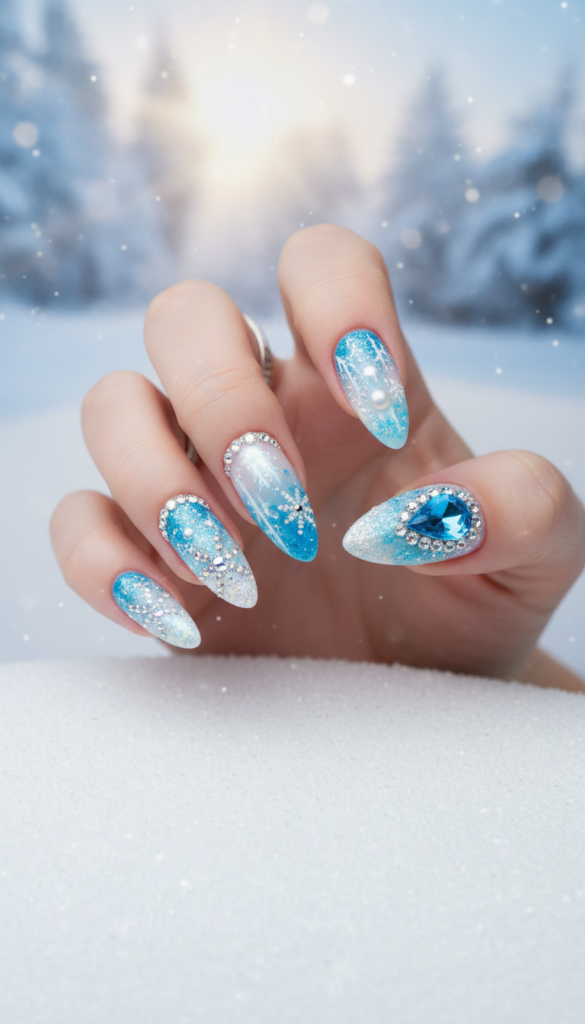 Glamorous Snowflake Rhinestone Stiletto Nails — Winter Nail Art