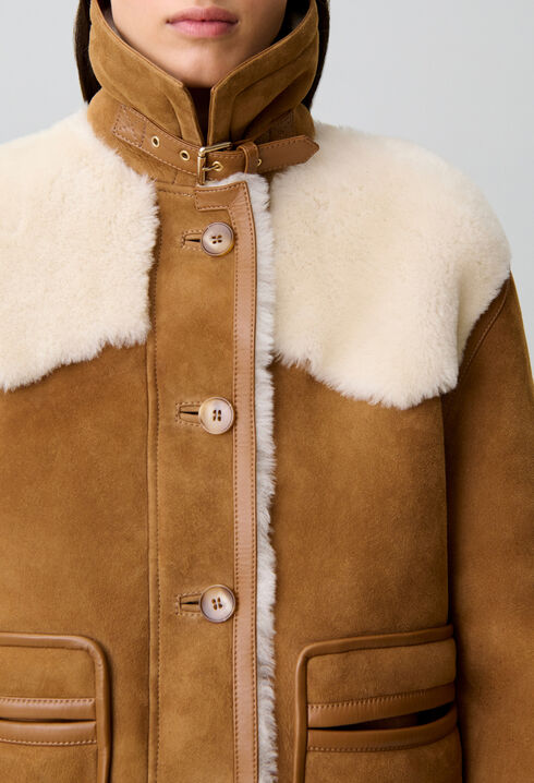 Brown Suede Coat with Cream Shearling Lining and Collar Buckle — Shearling Coat Outfits