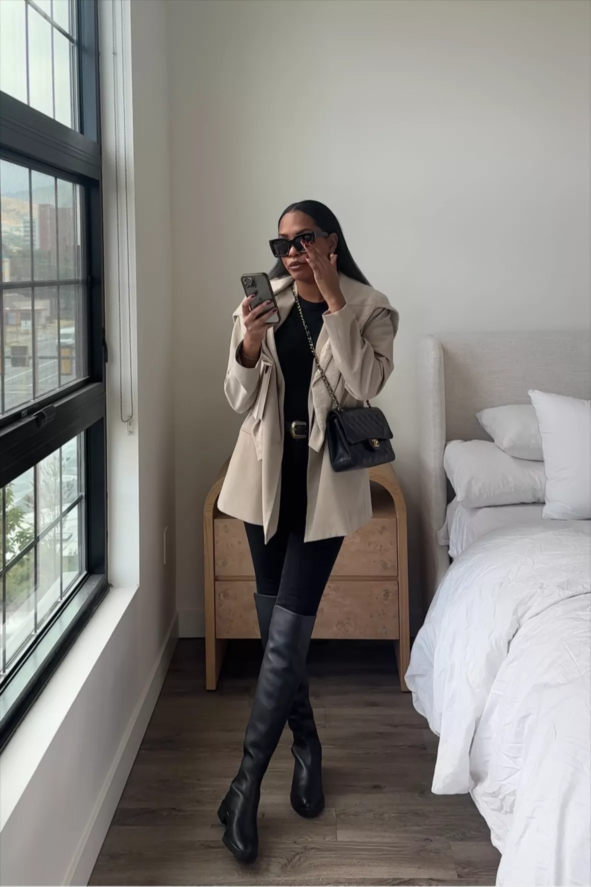 Street Style: Black Leather Boots with Beige Trench Jacket and Skinny Pants — Over the Knee Boots Outfits