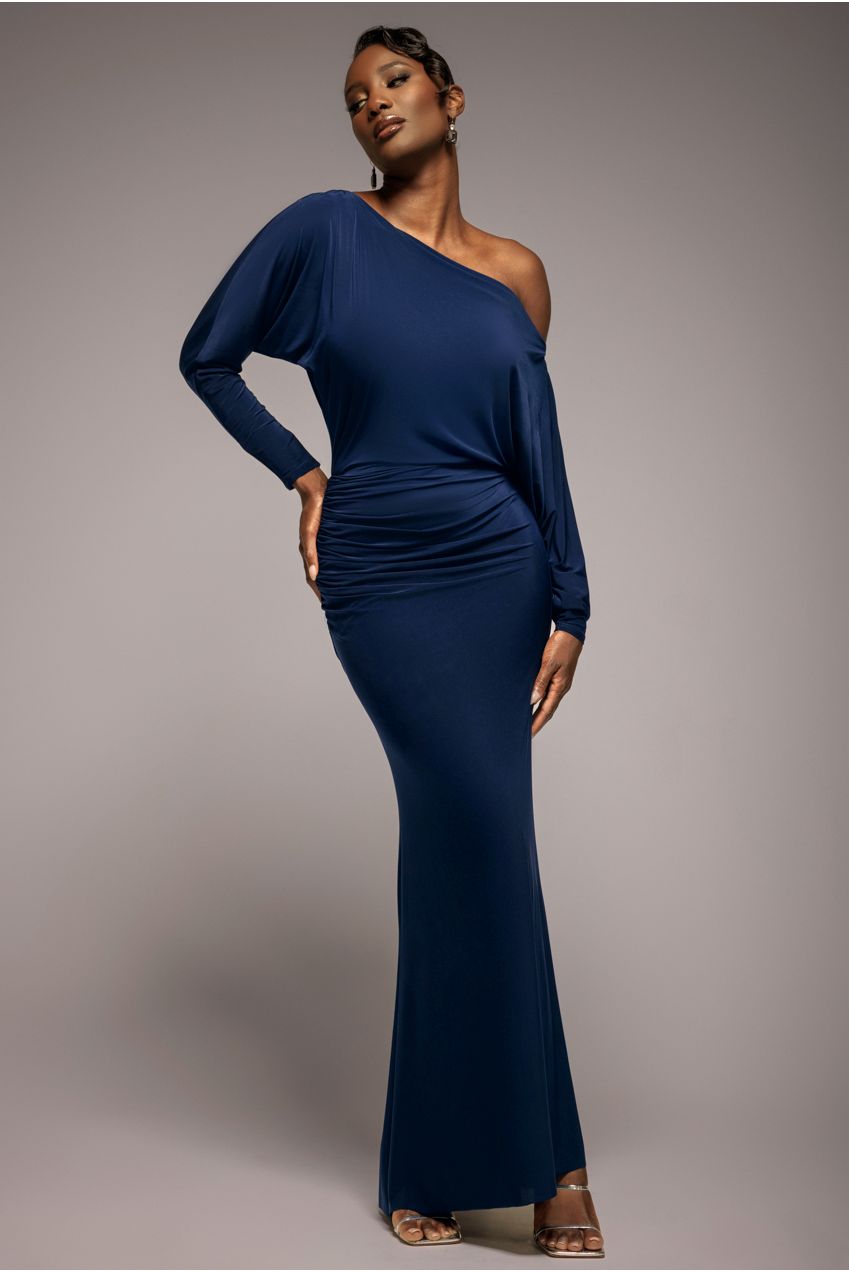 Navy One-Shoulder Mermaid Maxi Dress — Winter Formal Dresses