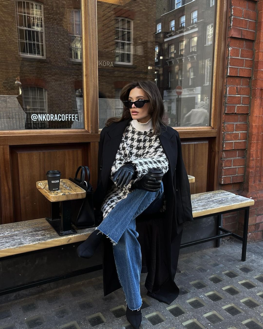 Houndstooth Vest Layered with Black Coat and Jeans — Old Money Winter Outfits