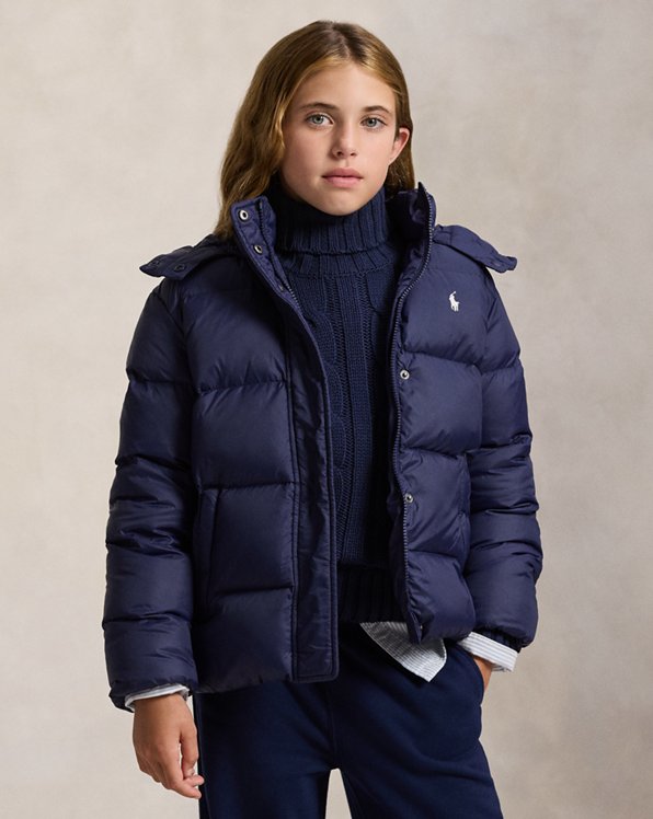 Layered Puffer Jacket and Cable-Knit Turtleneck — Winter School Outfits