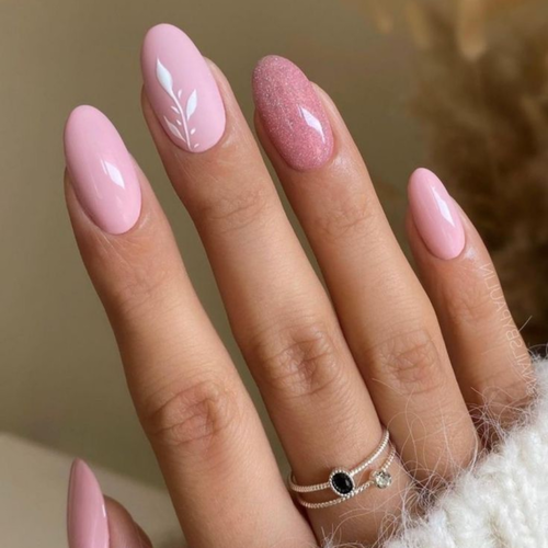 Opaque Pink Oval with White Leaf Motif Opaque Pink Oval with White Leaf Motif β Winter Pink Nails